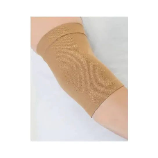 Elbow support sleeve in beige knit fabric worn on a bent elbow, seamless design with ribbed top and bottom edges