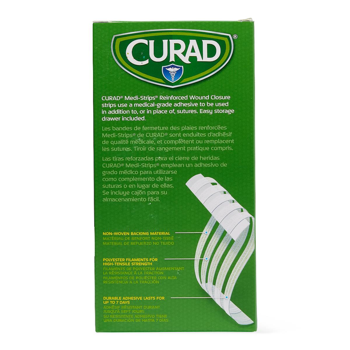 Curad Medi-Strip reinforced wound closure strips box, green packaging showing strip detail with multilingual product