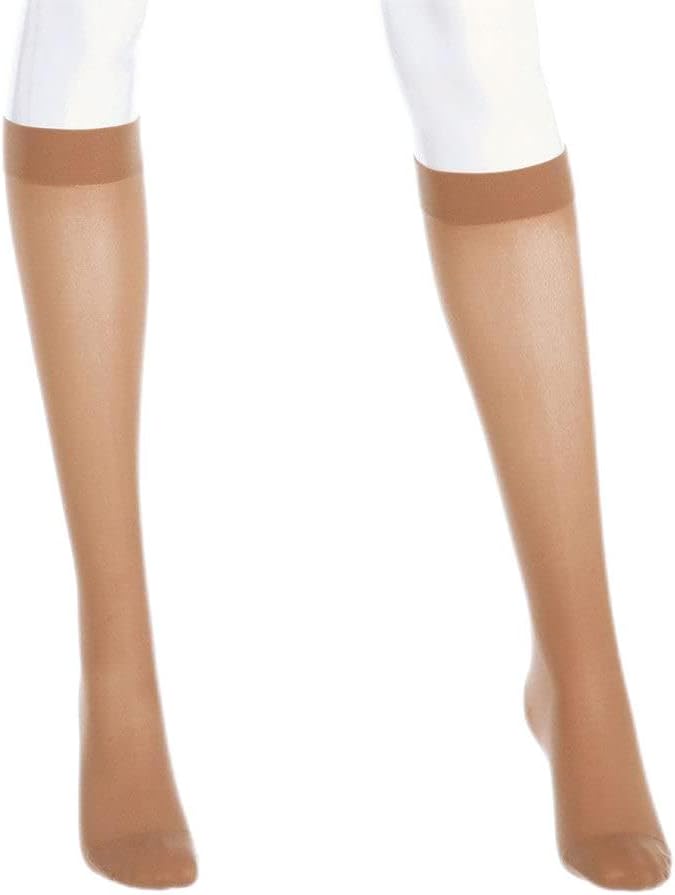 Compression knee-high stockings in sheer beige on a mannequin, shown from the knee down, closed toe style