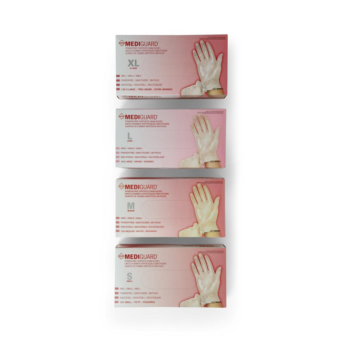 MediGuard Vinyl Synthetic Exam Gloves in four stacked boxes sized small, medium, large, and extra large with pink and white