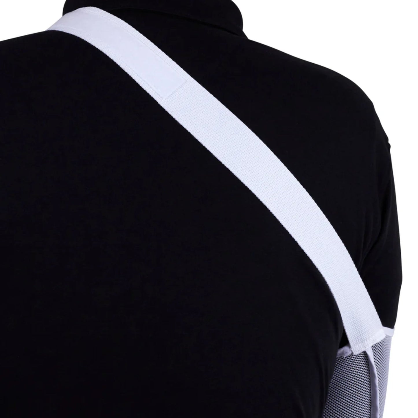 Arm sling with white diagonal shoulder strap shown from rear view on mannequin wearing black shirt