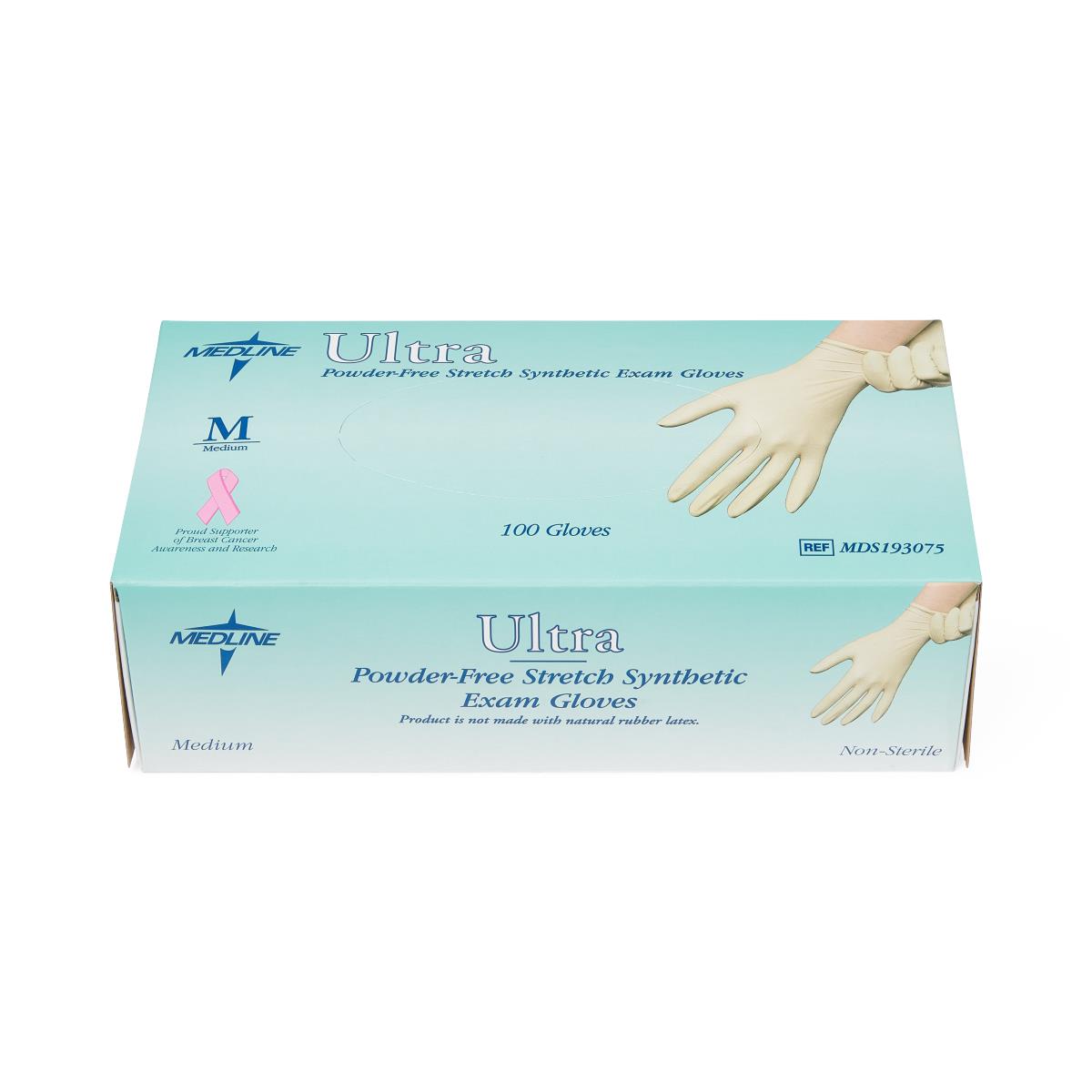Exam gloves box labeled Ultra Powder-Free Stretch Synthetic, medium size, 100 count, with gloved hands shown on light blue