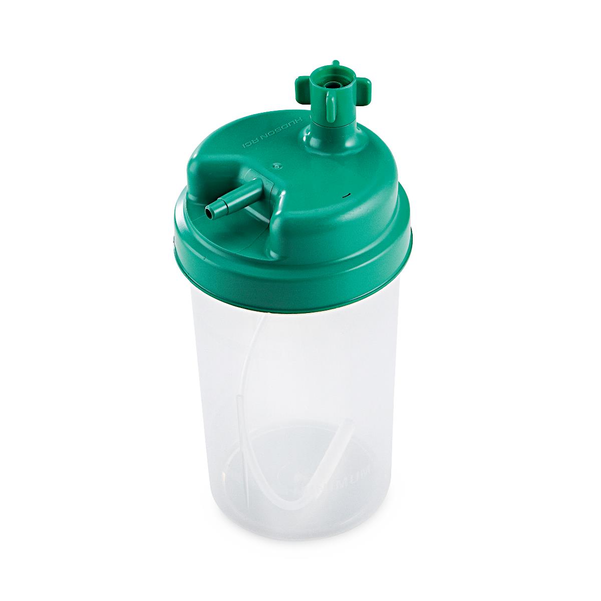 Bubble humidifier bottle with green lid, inlet and outlet ports, and internal diffuser tube on white background
