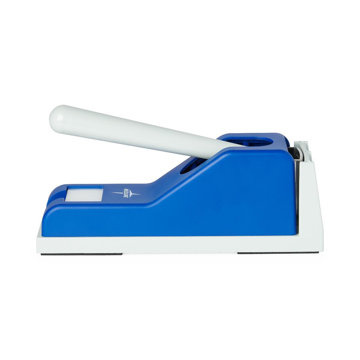 Pill crusher with blue body, white base, and white lever handle, shown from the side on a white background