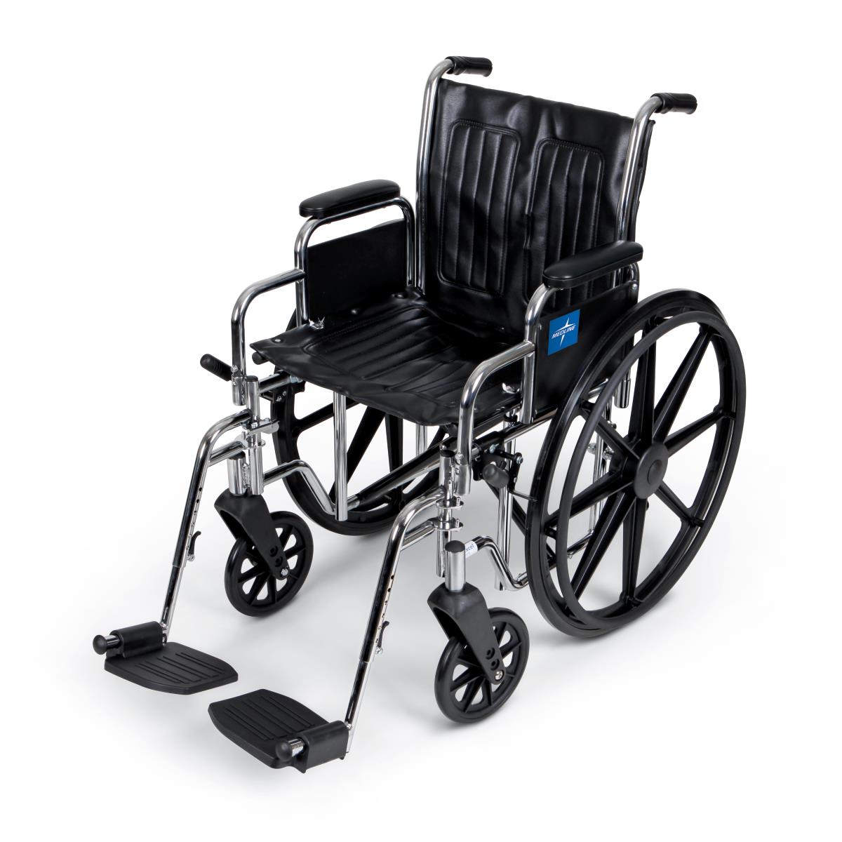 Wheelchair with black vinyl upholstery, chrome frame, removable armrests, detachable swing-away footrests, and large rear