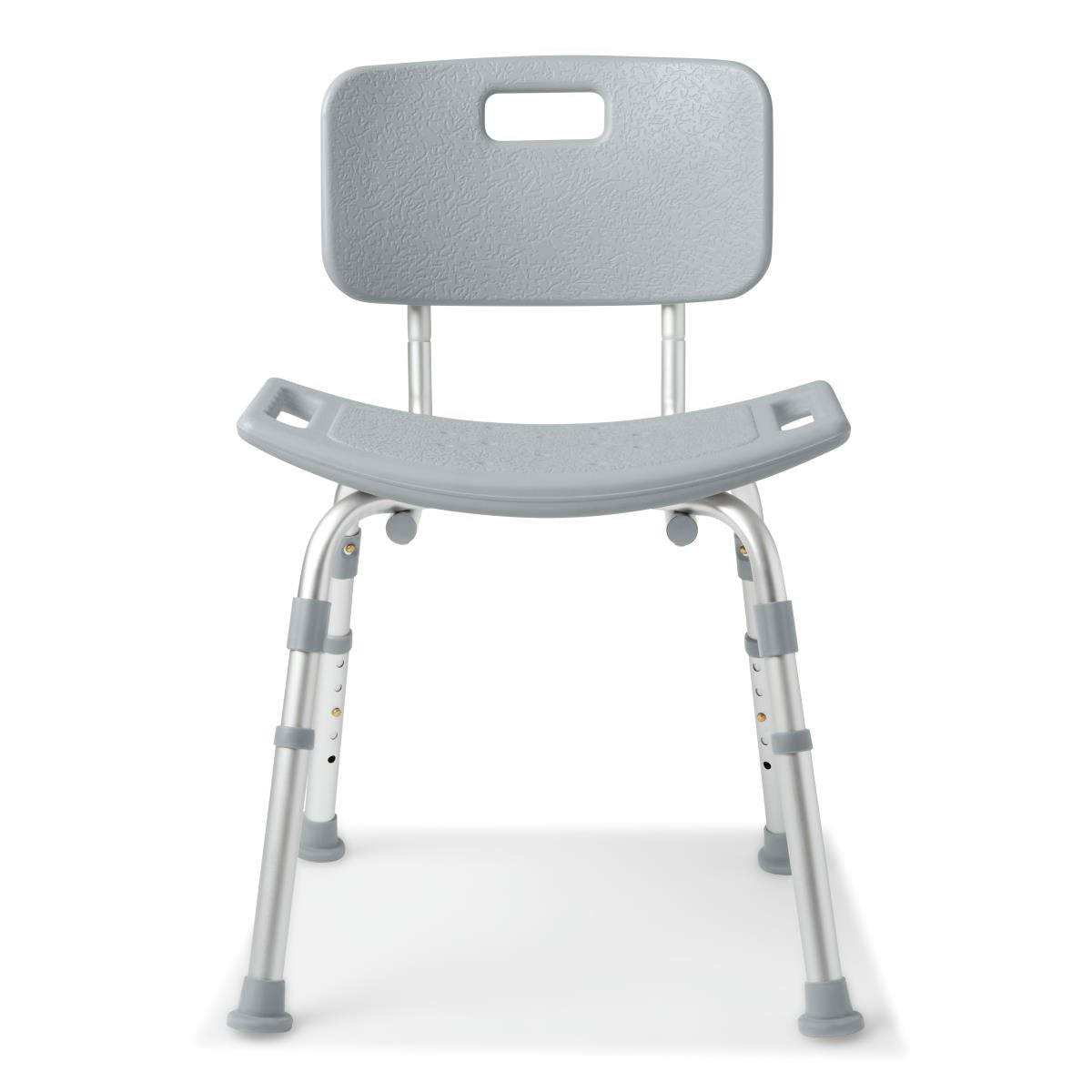Shower chair with gray textured plastic seat and back, carry handle, aluminum adjustable legs, and non-slip feet