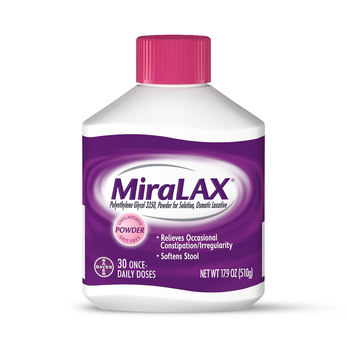 MiraLAX osmotic laxative powder bottle with pink cap, purple label, 17.9 oz, 30 once-daily doses