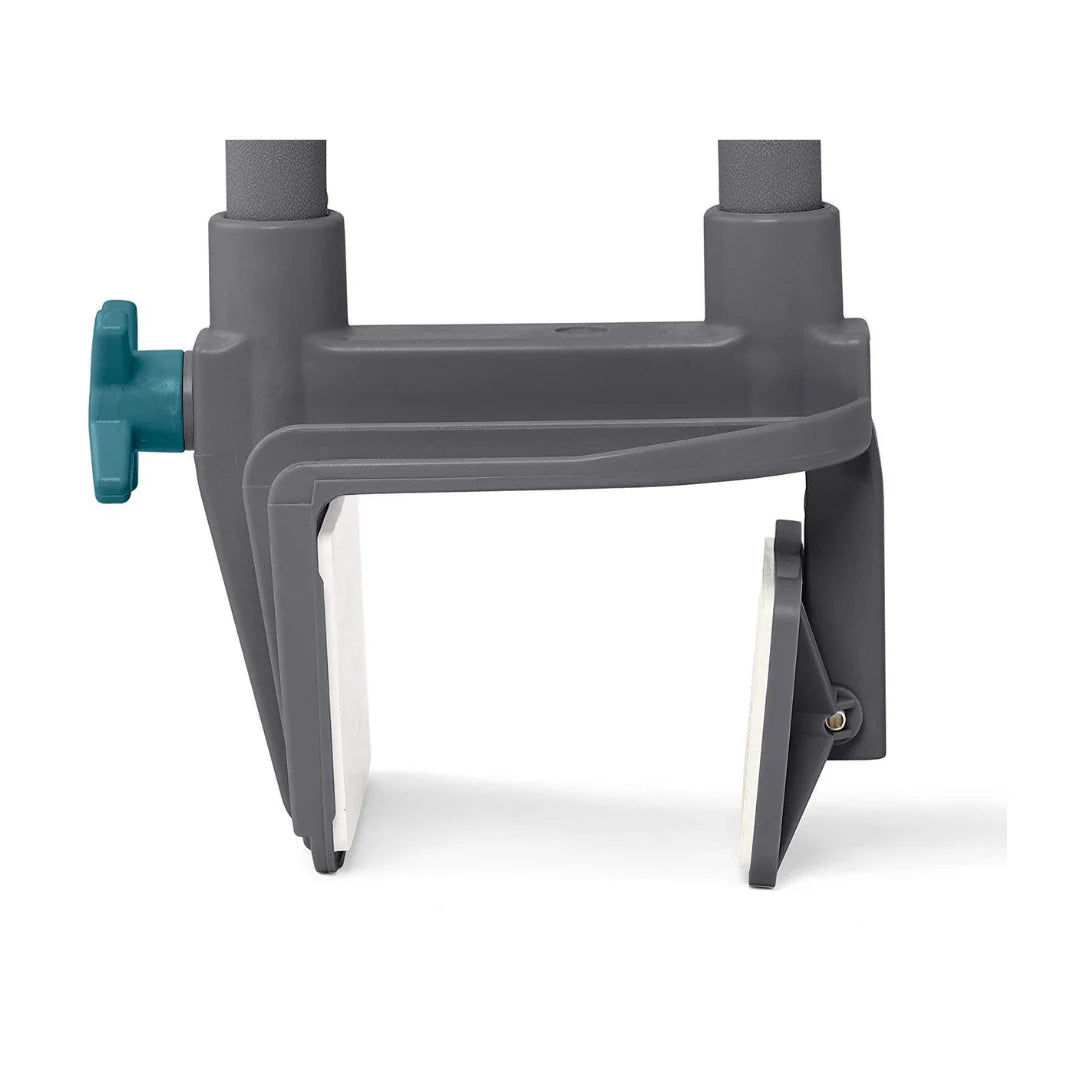Bathtub grab bar clamp bracket in gray with teal thumbscrew adjustment knob, shown attached to tub edge