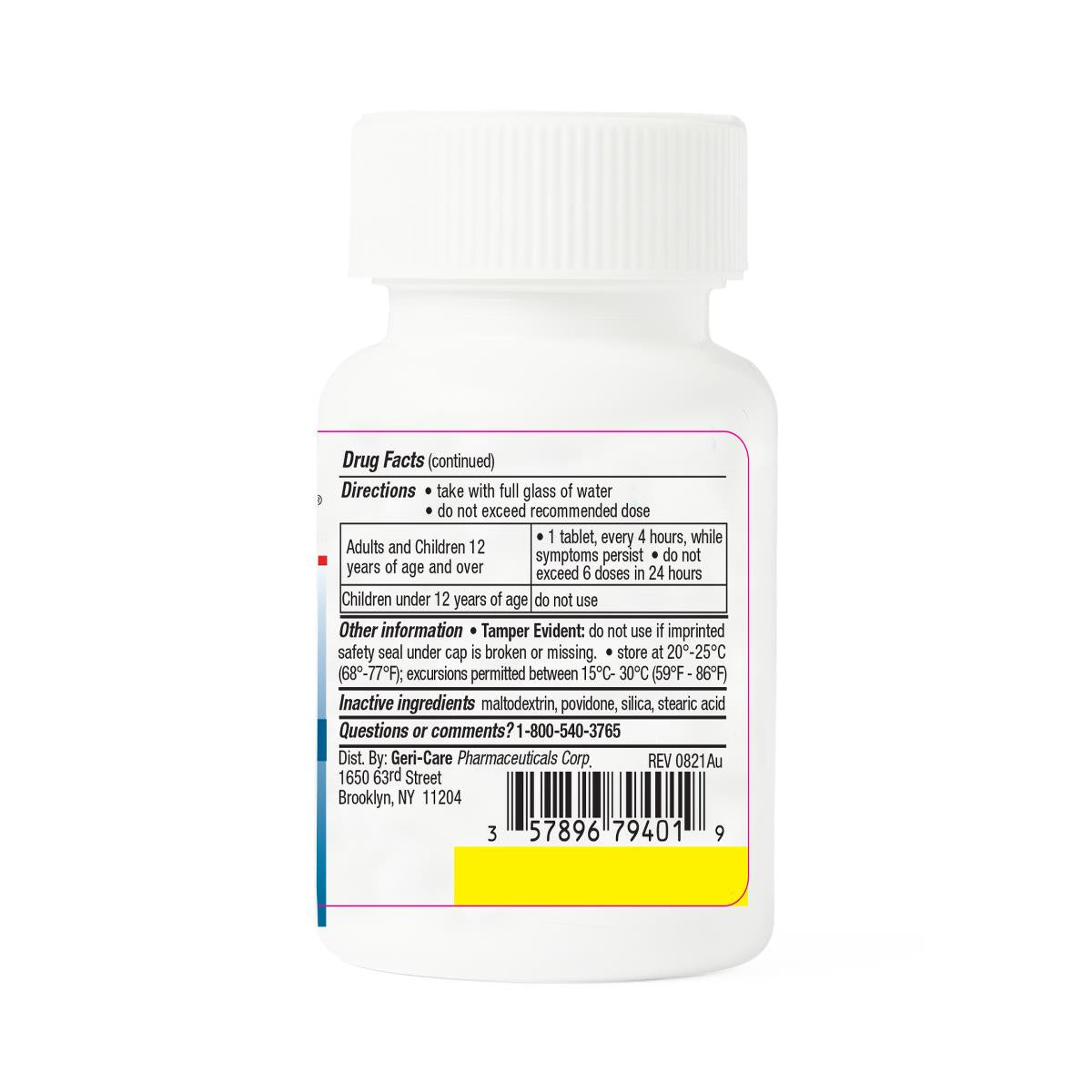 Guaifenesin tablets bottle showing Drug Facts back label with directions, dosage information, and barcode on white background