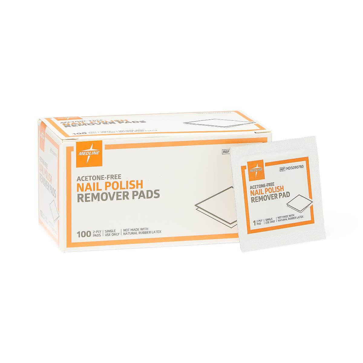 Nail polish remover pads box of 100 acetone-free 2-ply single-use pads with one individual foil packet beside it