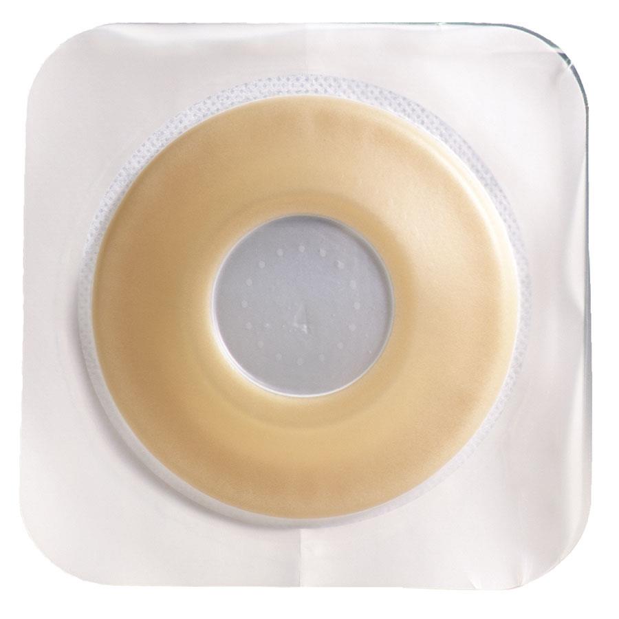 Ostomy skin barrier with convex-IT design, tan hydrocolloid wafer with white cloth backing, sealed in clear packaging