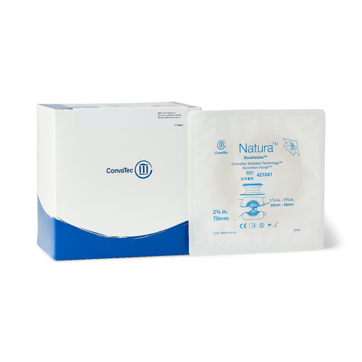 Ostomy barrier with moldable adhesive flange shown in sealed individual pouch beside white and blue product box