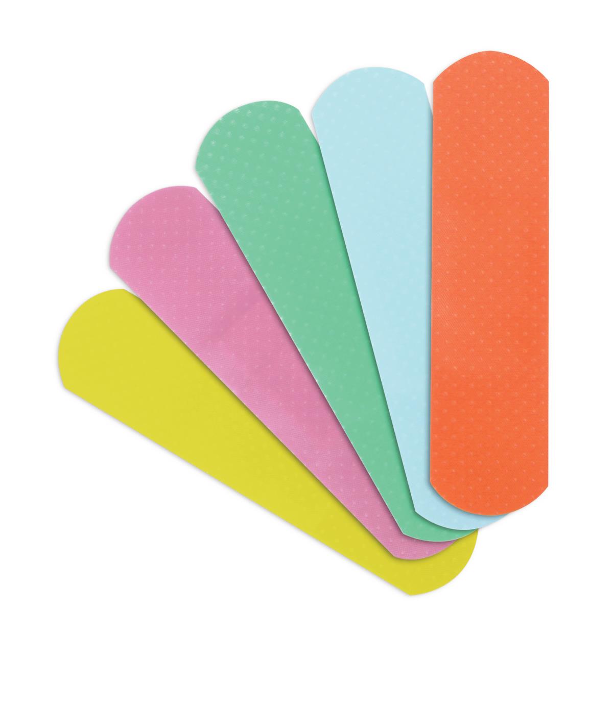Adhesive bandages fanned out in five neon colors: yellow, pink, green, light blue, and orange