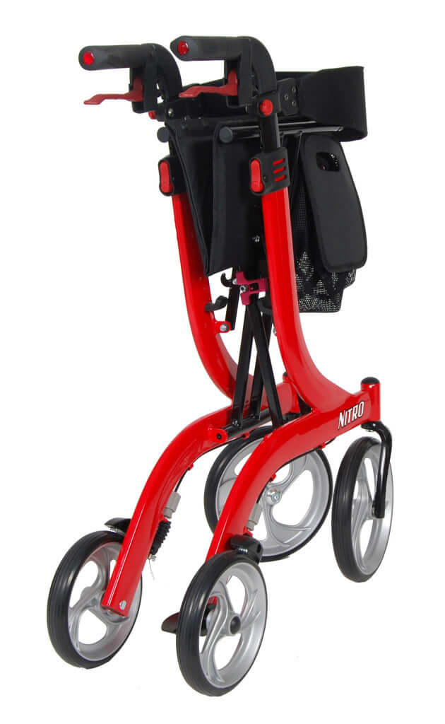 Nitro Euro Style Rollator Walker in red with four large wheels, hand brakes, padded seat, and attached storage bag and basket
