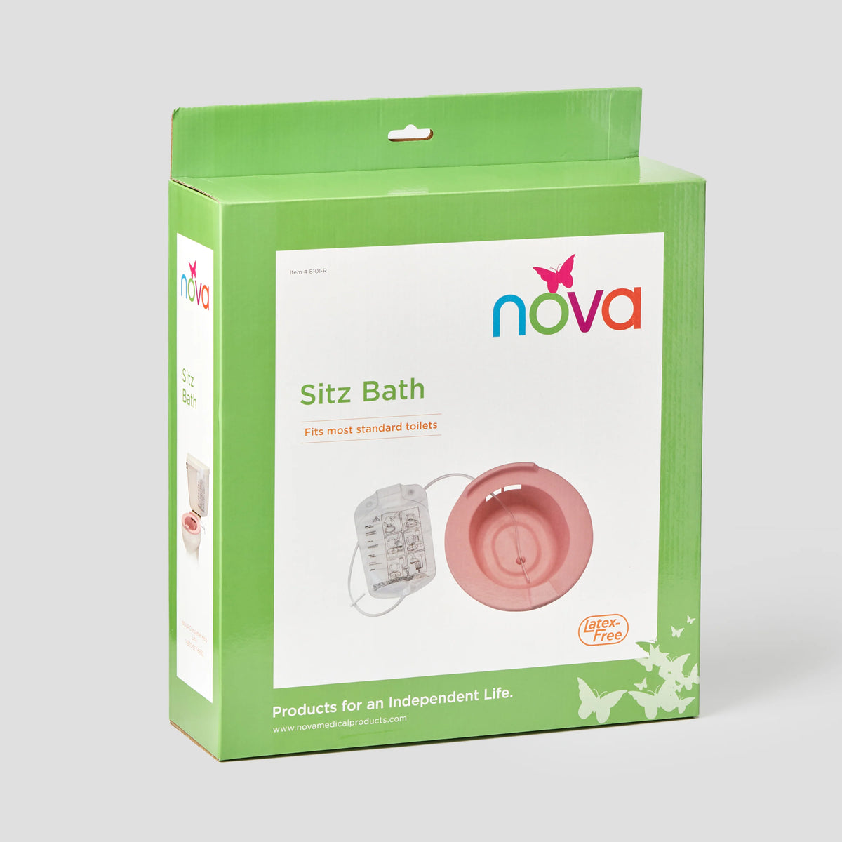 Sitz bath in green Nova-branded retail box with pink basin and water bag shown on packaging front