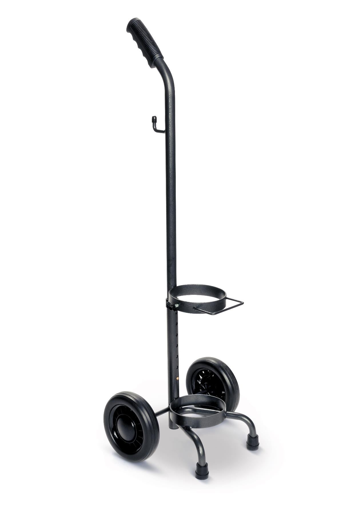 Oxygen cylinder rolling cart with black steel frame, two large wheels, dual ring holders, and a cushioned handle grip