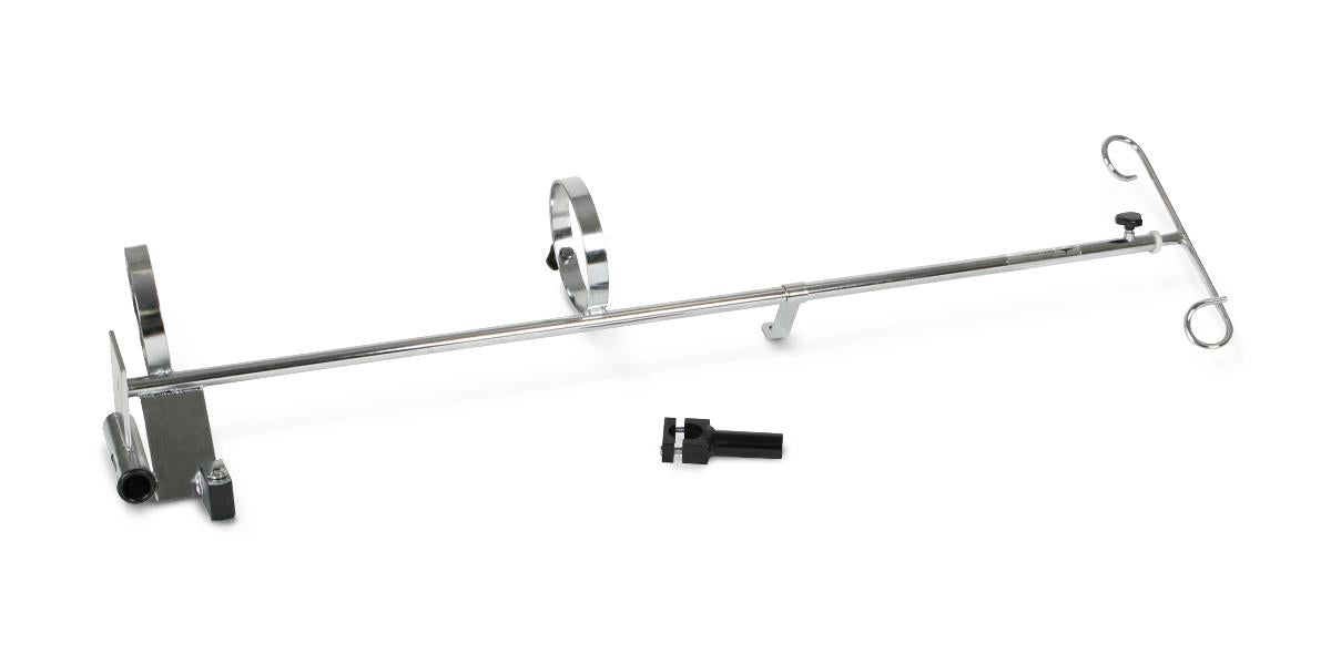 Wheelchair oxygen tank holder with chrome horizontal bar, mounting bracket, ring clamp, hook, and small black connector