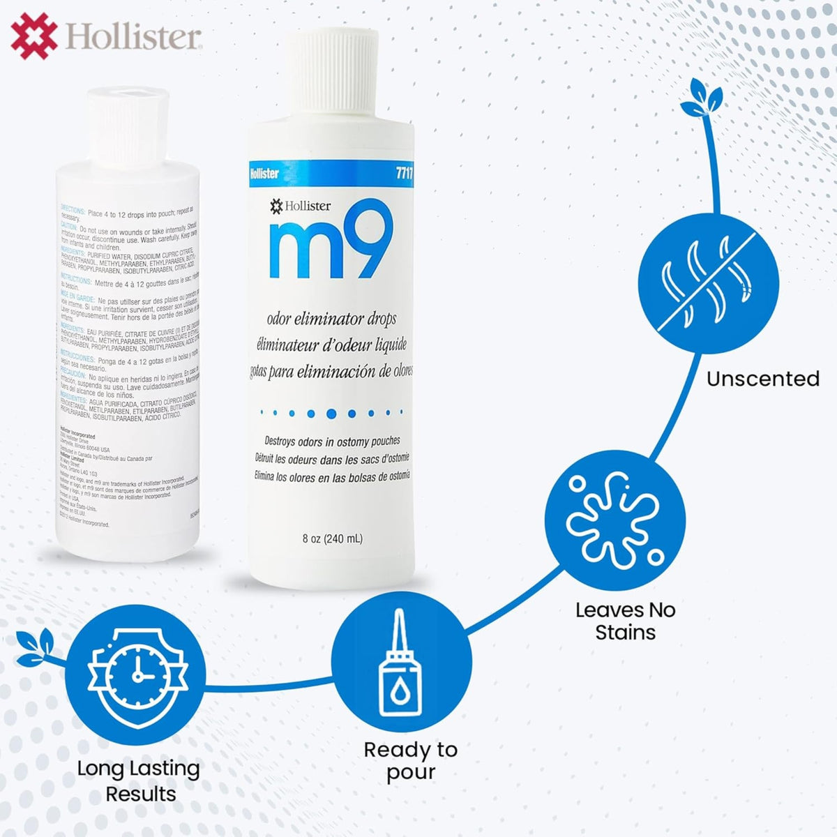 Hollister M9 odor eliminator drops 8 oz bottle with feature icons: unscented, no stains, ready to pour, long lasting