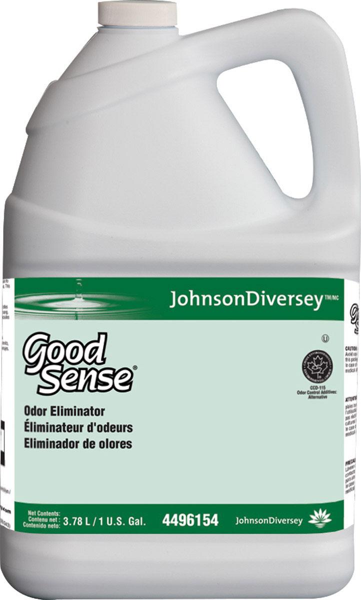 Odor eliminator liquid in a 1-gallon white plastic jug with green and white label reading Good Sense by JohnsonDiversey