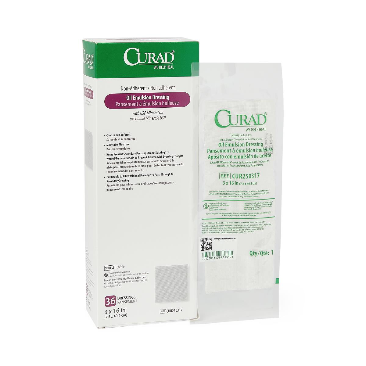 Curad oil emulsion non-adherent wound dressing box of 36 with individual sterile packet on white background