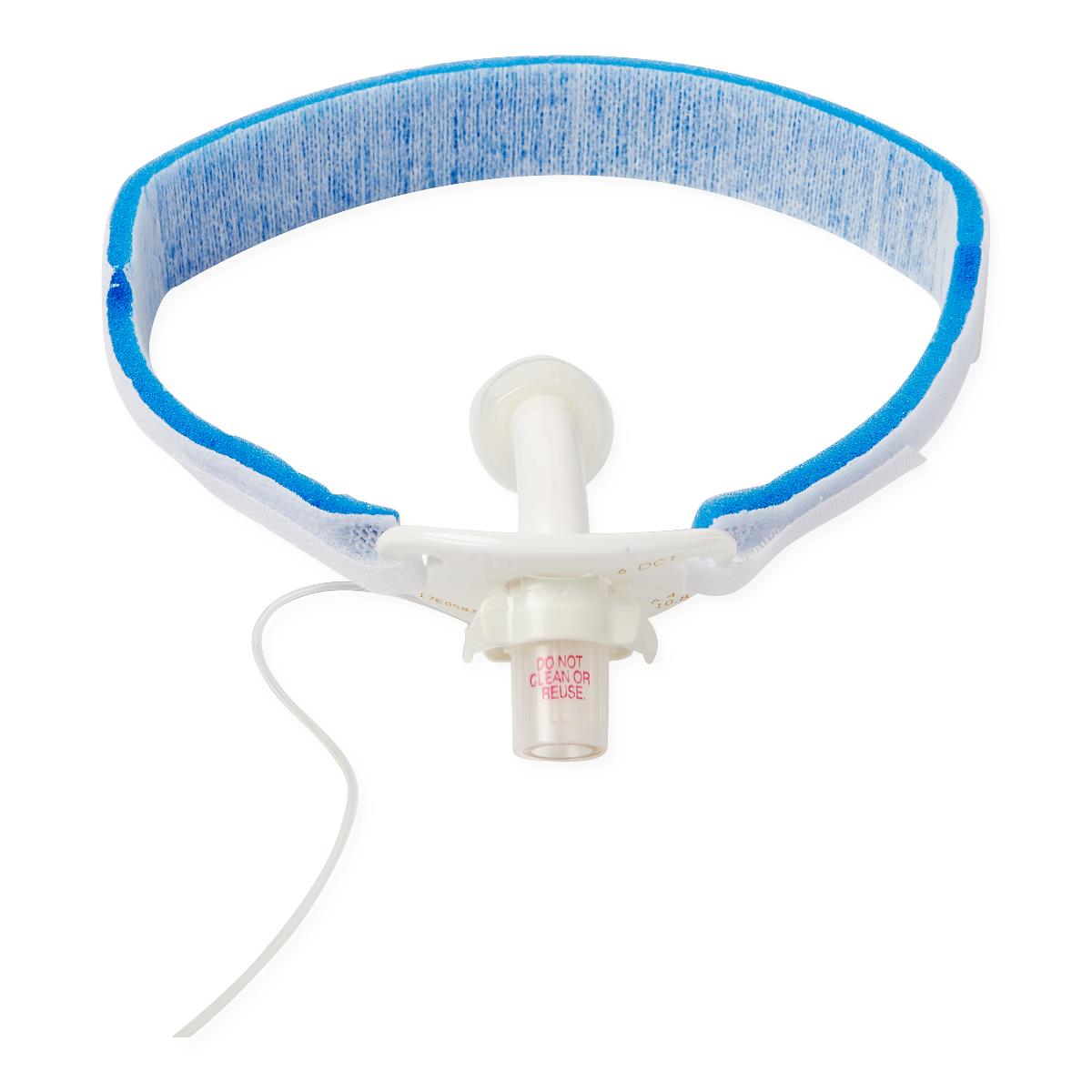 Tracheostomy tube holder with white plastic connector, inflation line, and blue and white foam neck strap