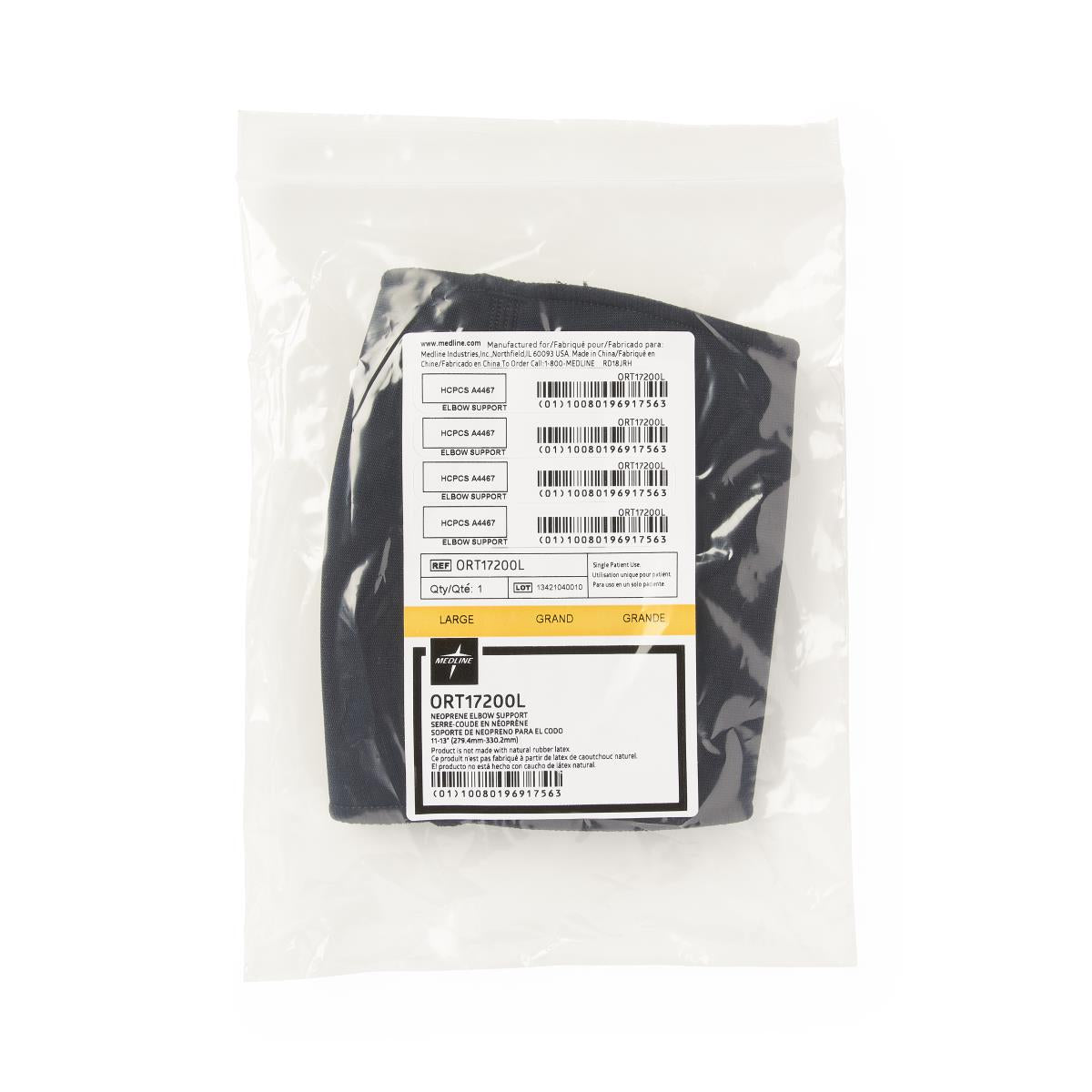 Neoprene elbow support in sealed clear packaging with label showing size large and product details