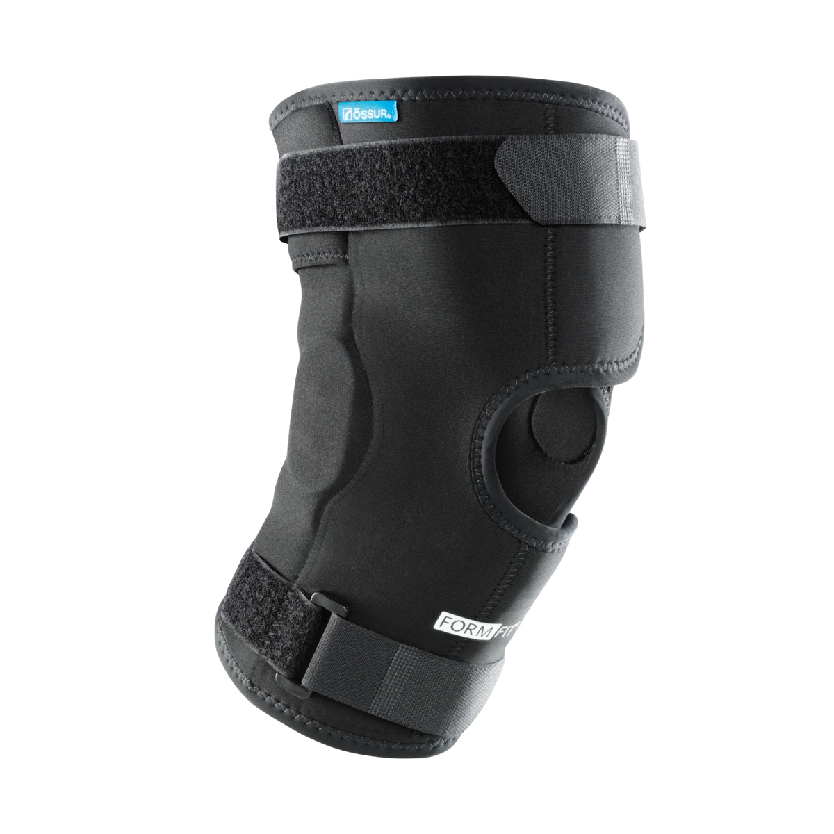 Knee brace with wraparound neoprene sleeve, open patella cutout, hinged sides, and adjustable hook-and-loop straps in black