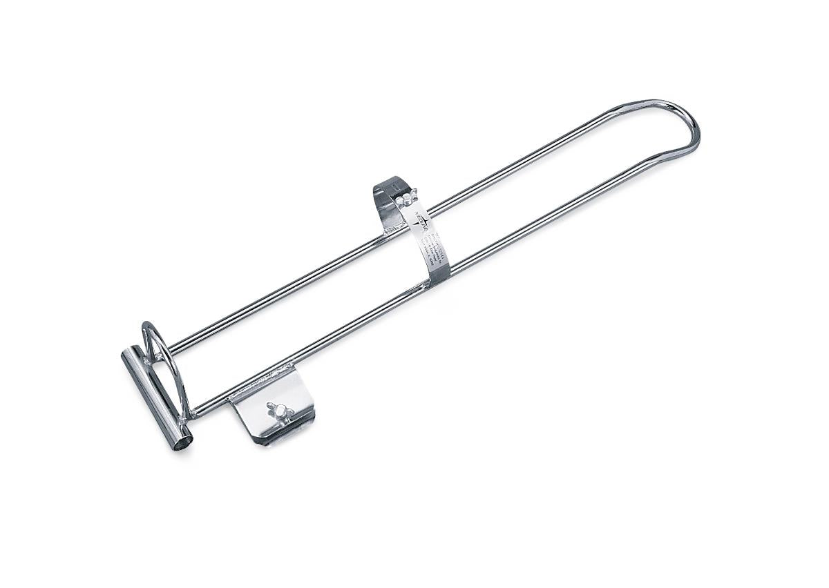 Wheelchair oxygen tank holder with chrome steel frame, mounting clamps, and U-shaped retaining bar on white background