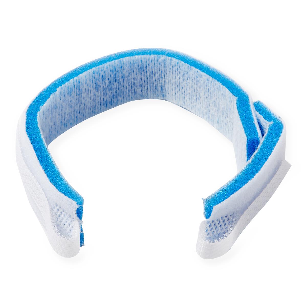 Pediatric tracheostomy tube holder with white fabric exterior, blue foam inner lining, and hook-and-loop closure ends