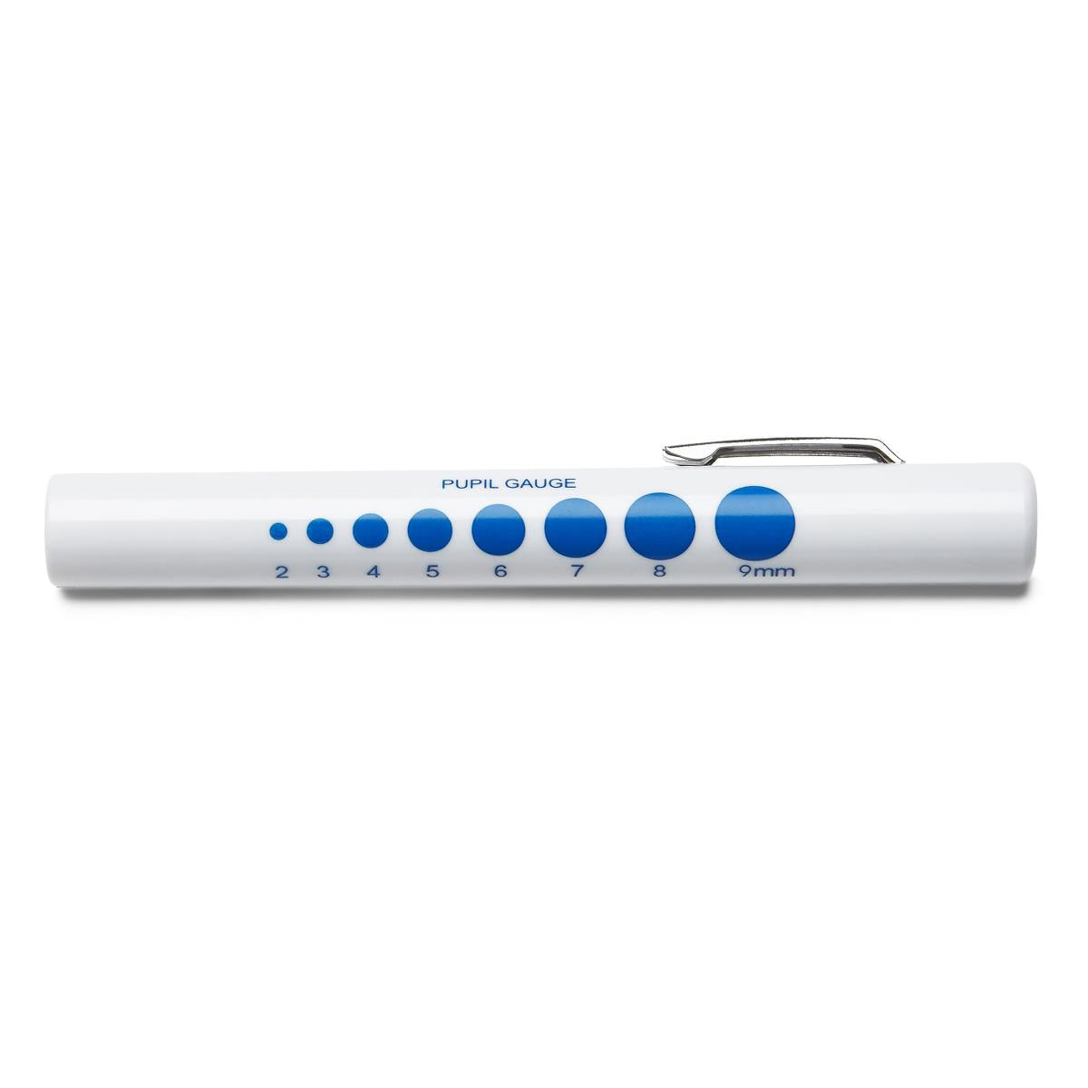 Penlight with pupil gauge printed on white barrel showing blue graduated circles from 2 to 9mm, with metal pocket clip