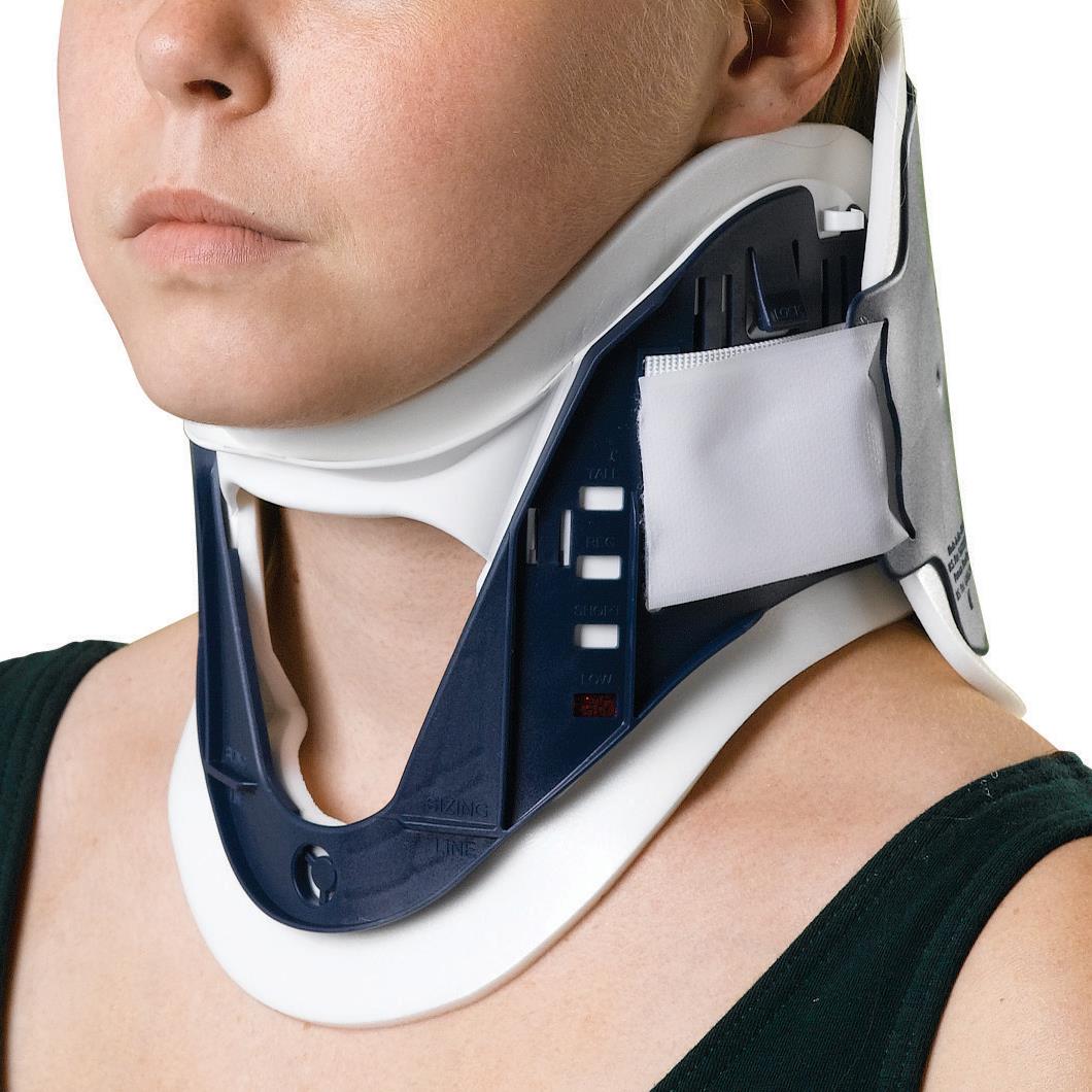 Cervical collar with white and navy rigid plastic frame and padded lining worn by a woman, side view