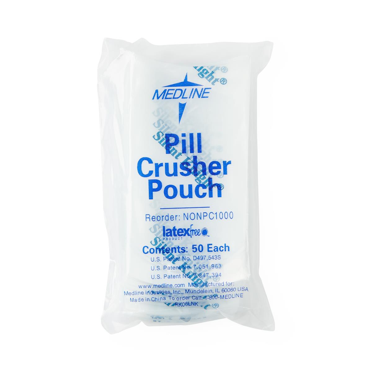 Pill crusher pouches in sealed clear plastic packaging, latex-free, 50 pouches per pack
