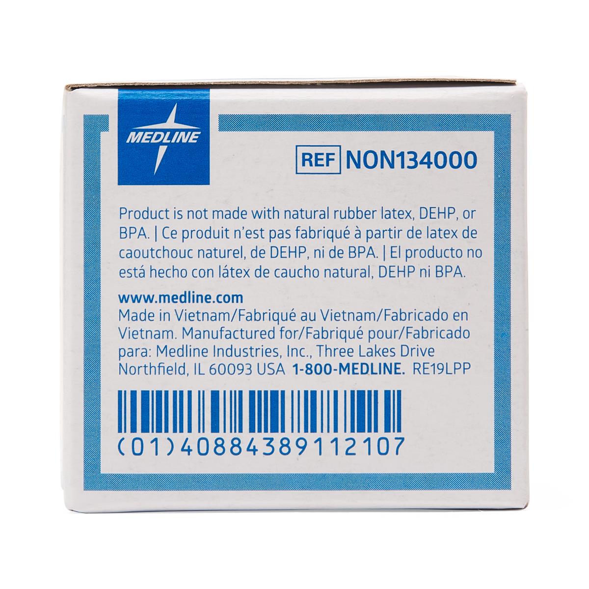 Pill crusher box back panel showing Medline branding, reference number NON134000, multilingual text, and barcode on white