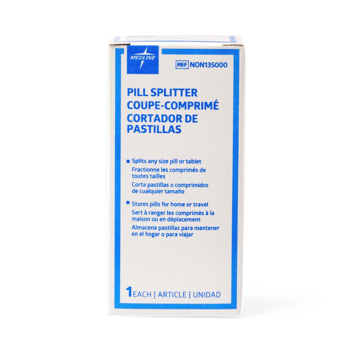 Pill splitter in white and blue Medline retail box with multilingual text on white background