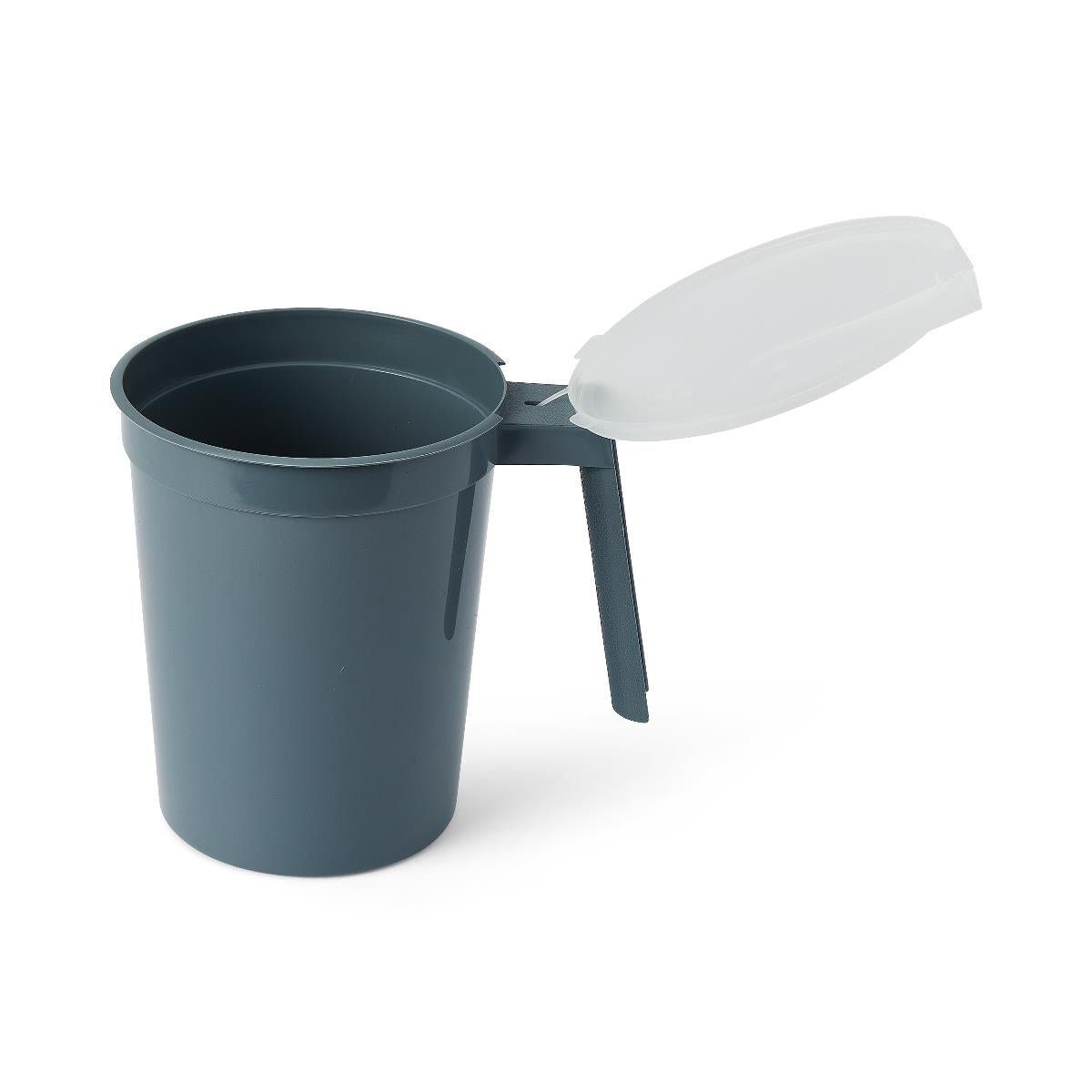 Plastic drinking pitcher with handle and open translucent lid, in slate blue