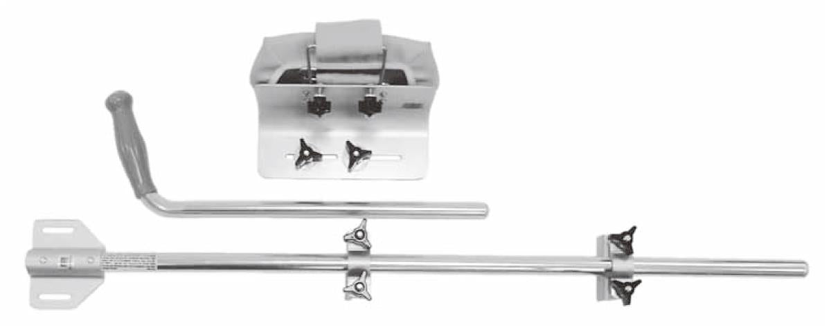 Walker platform attachment kit with chrome horizontal bar, L-shaped handle, mounting bracket, and hardware components on