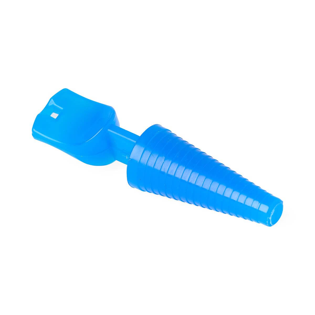 Catheter plug and drainage tube protector in blue plastic with ribbed tapered tip and flat handle end