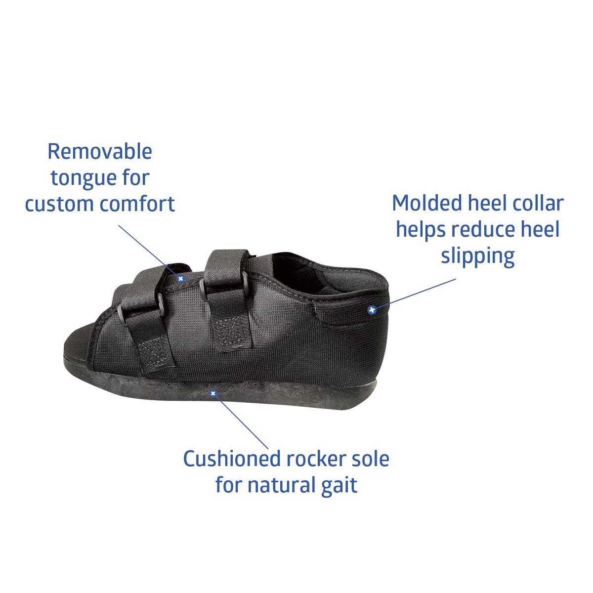 Post-op shoe in black with two hook-and-loop straps, open toe, rocker sole, and molded heel collar, shown with feature