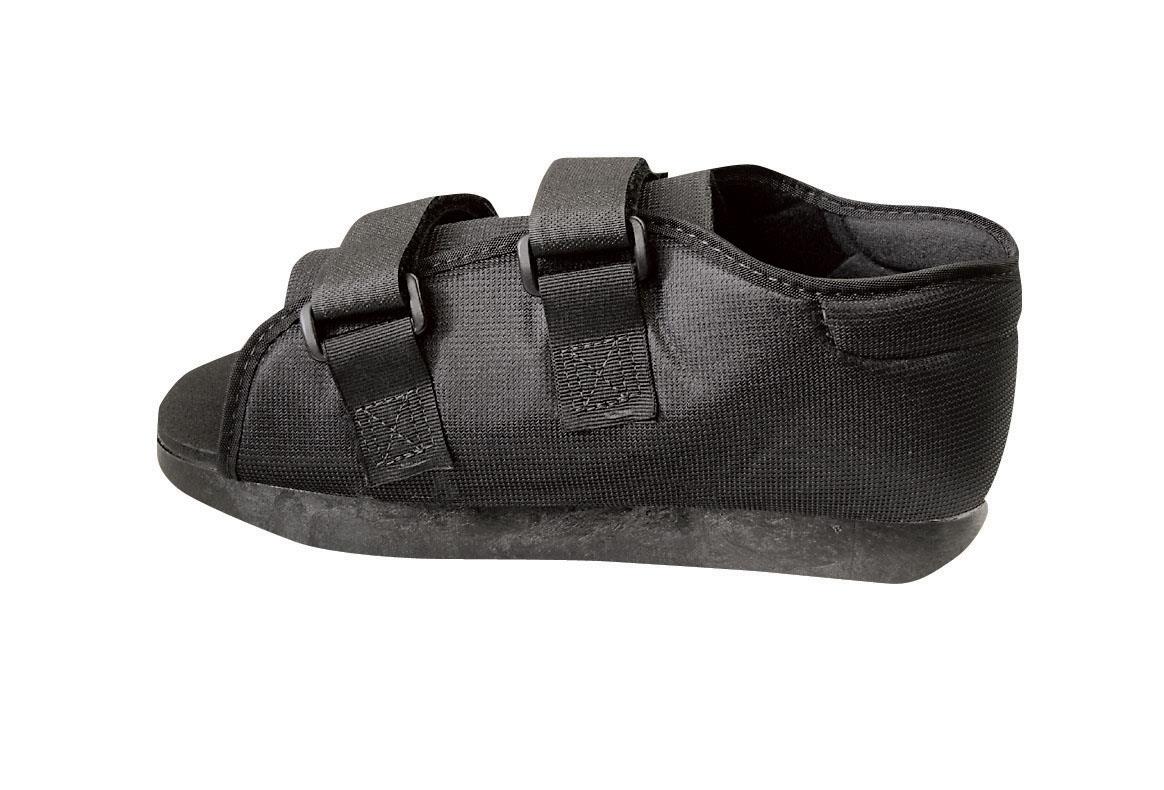 Post-op shoe for men in black with three hook-and-loop straps, open toe, and rigid sole, shown from the side.