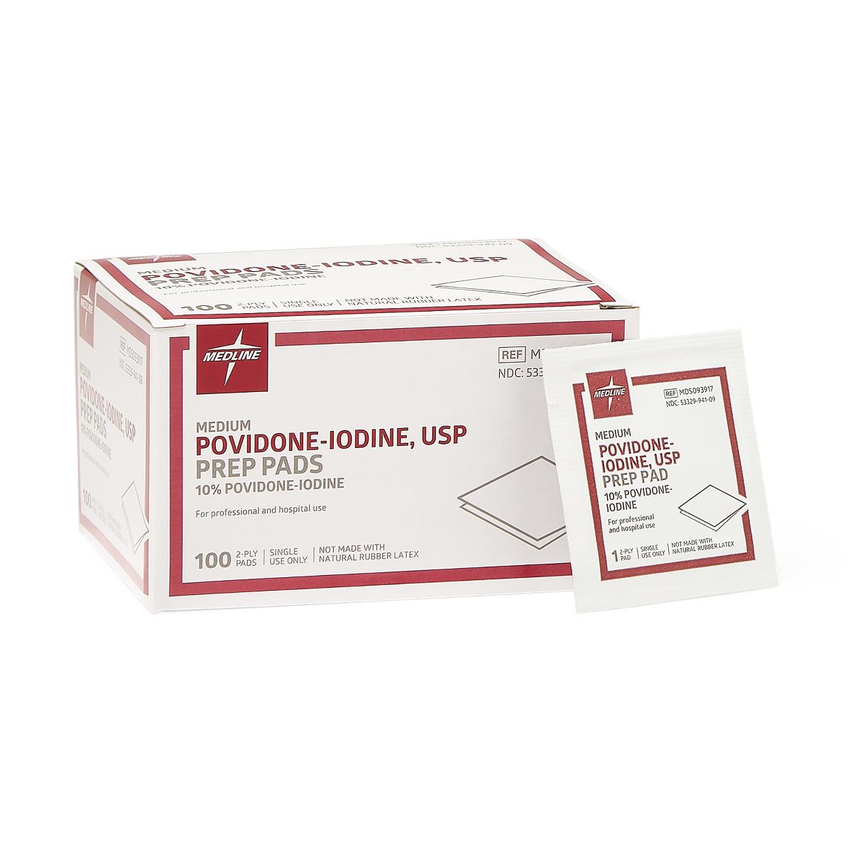 Povidone-iodine USP prep pads box of 100 with single individually wrapped pad packet beside it, red and white packaging