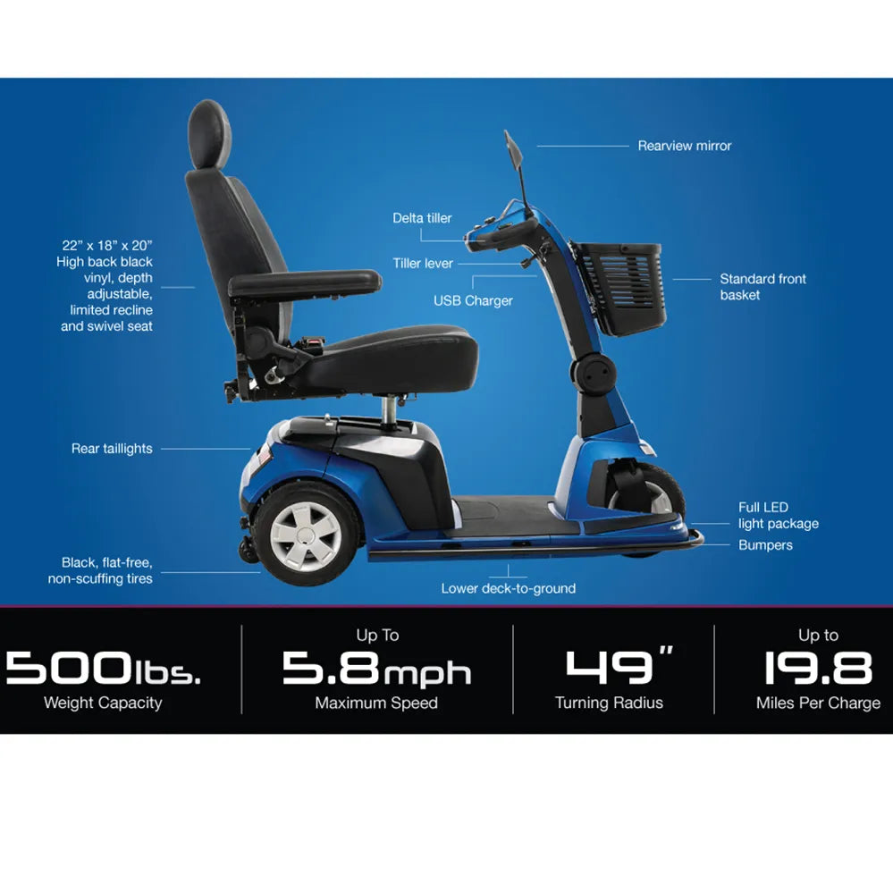 Pride Maxima 3-wheel mobility scooter SC901 in blue with labeled features and specs including 500 lb capacity and 5.8 mph