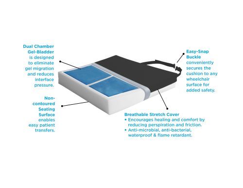Protekt Gel wheelchair cushion with dual-chamber gel bladder, breathable stretch cover, and easy-snap buckle strap, shown