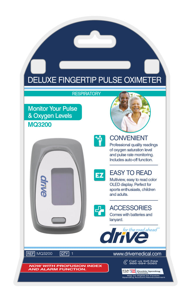 Drive MQ3200 fingertip pulse oximeter in retail packaging with gray and white device visible through blister card