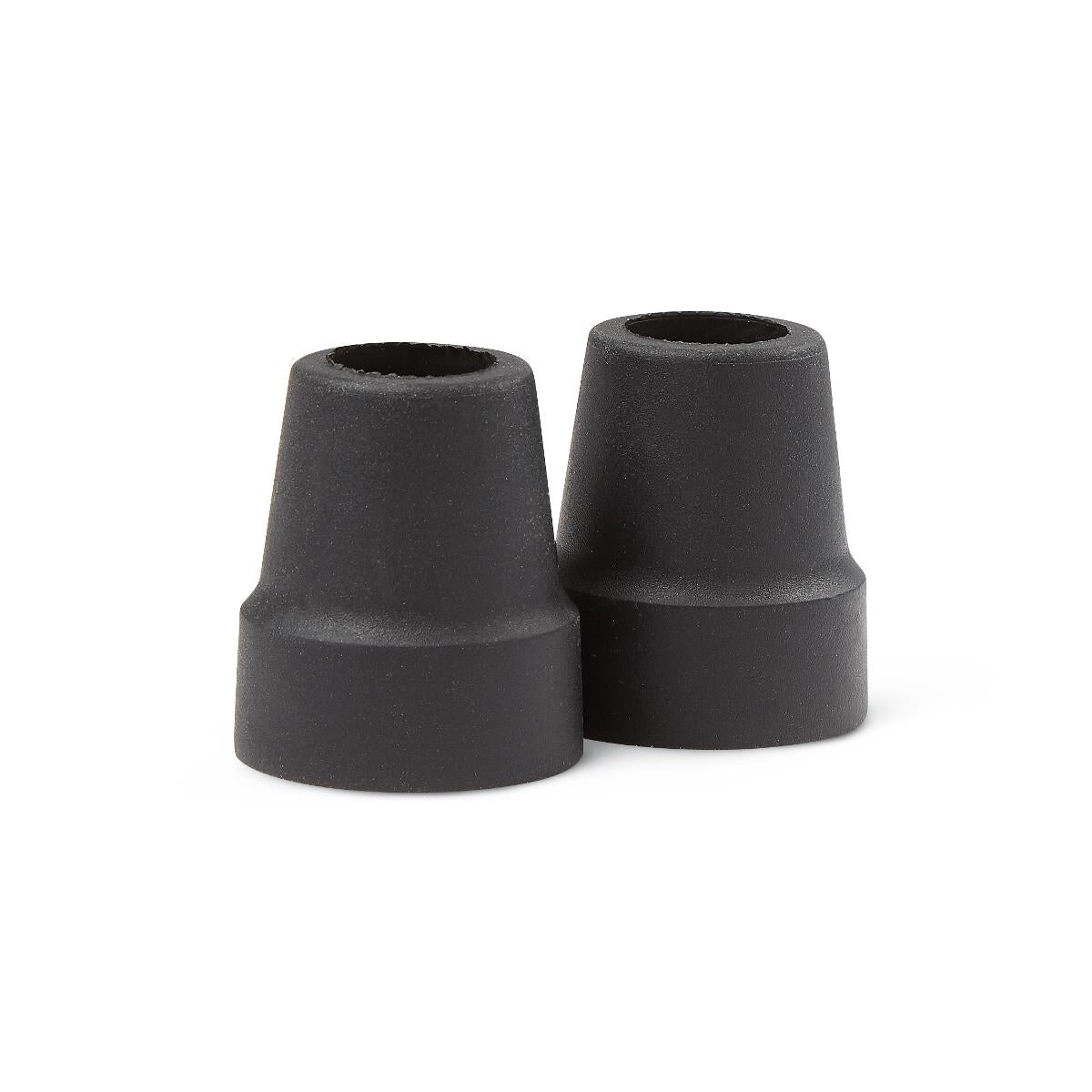Pair of black rubber quad cane tips with hollow openings, tapered cone shape with wide flat base, shown upright on white