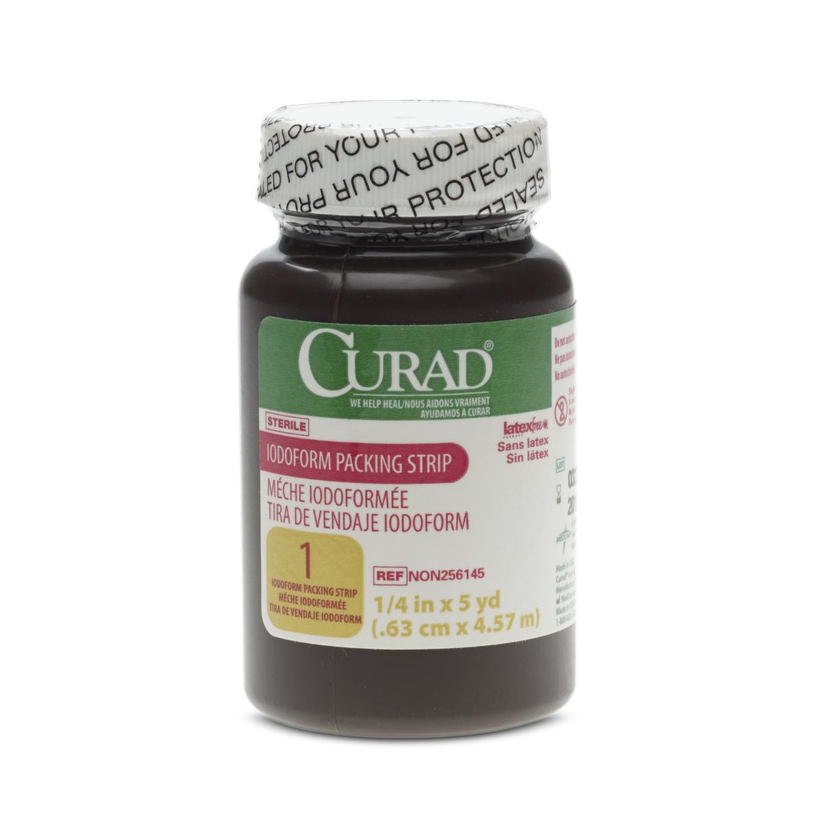 Iodoform packing strip in a sealed dark amber jar with Curad label, latex-free, sterile, 1/4 in x 5 yd