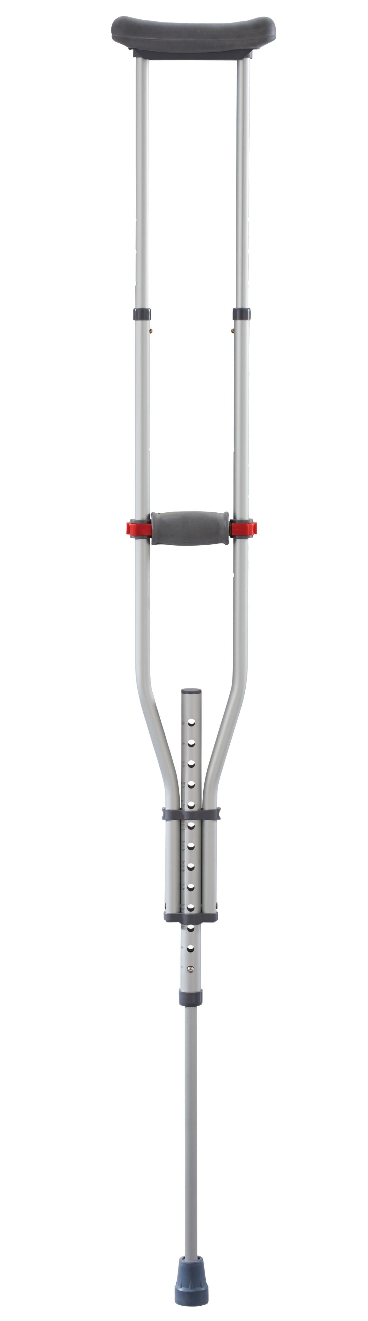 Aluminum underarm crutches with gray padded armpit rest, gray hand grip, red adjustment knobs, and rubber tip on white