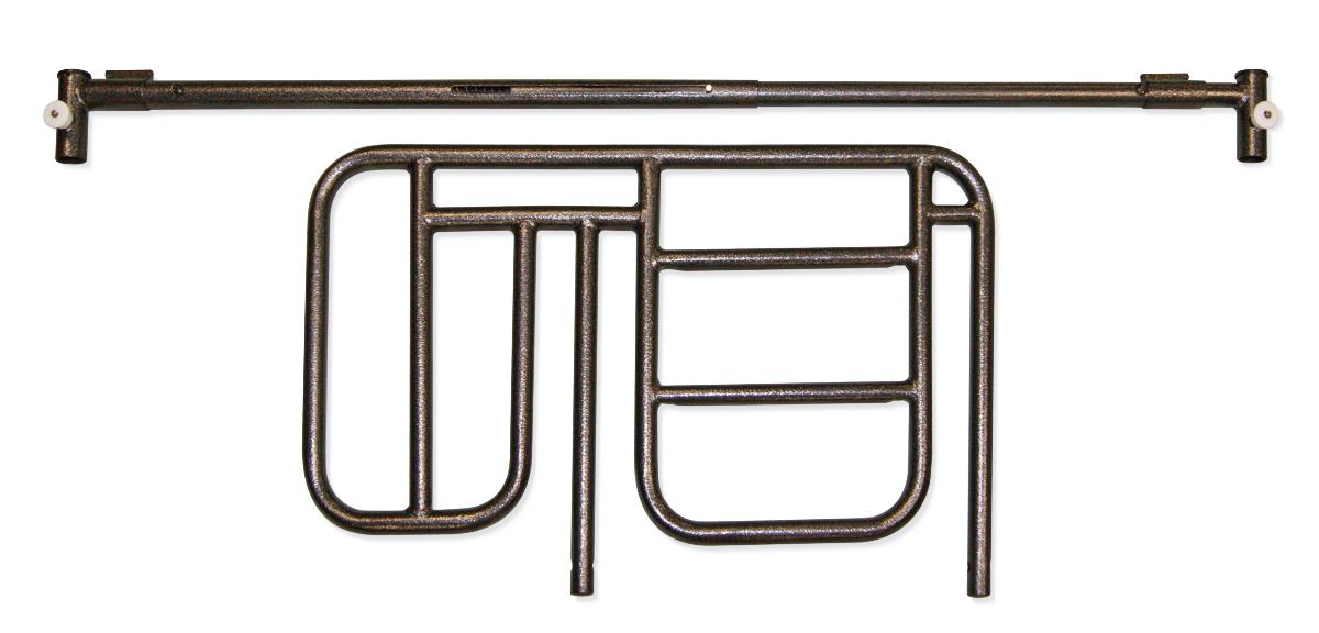 Half bed rail pair with small-gap clamp-on design, shown disassembled with mounting bar and tubular metal rail section in