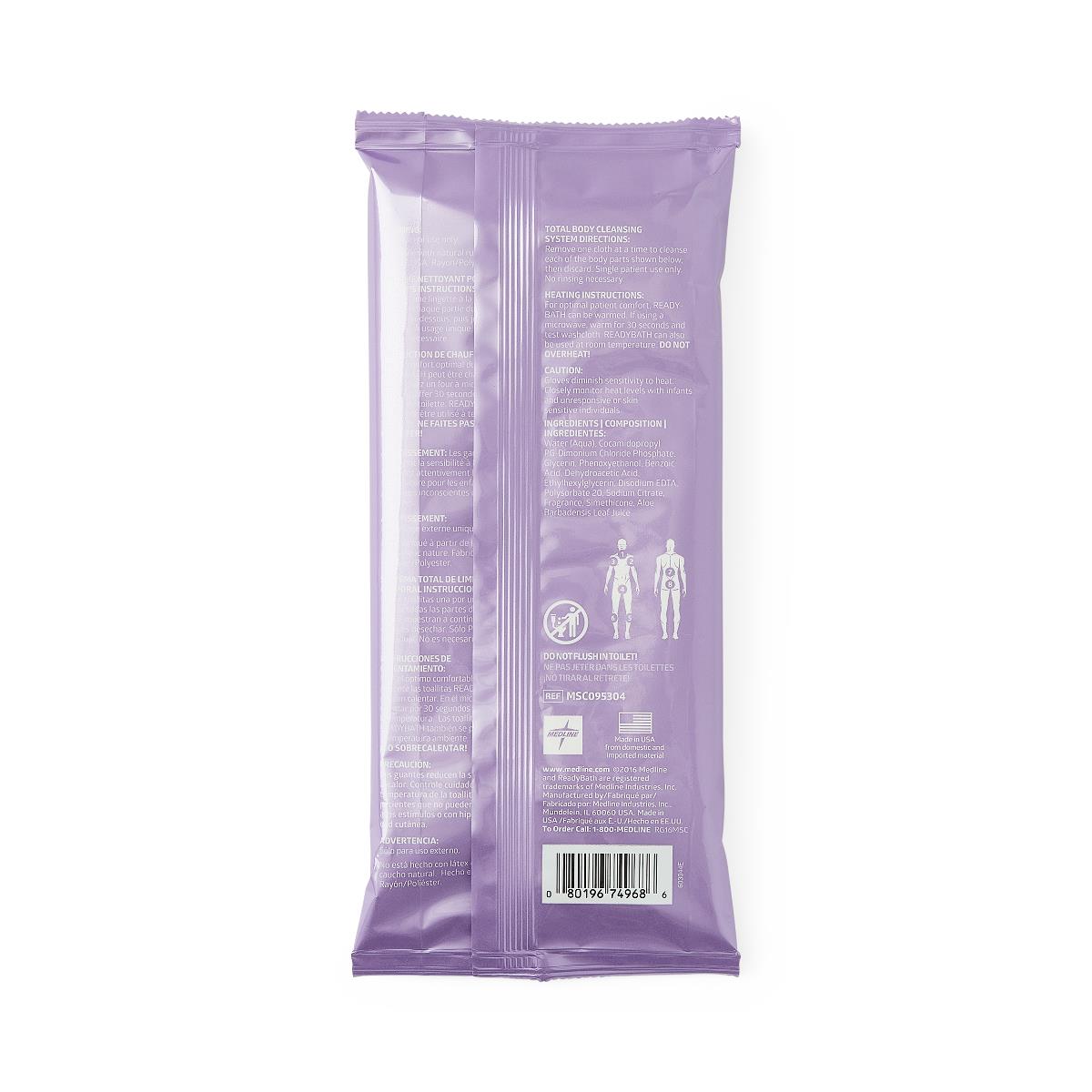 Disposable bath wipes package back panel in purple showing multilingual directions, ingredients, body diagrams, and barcode