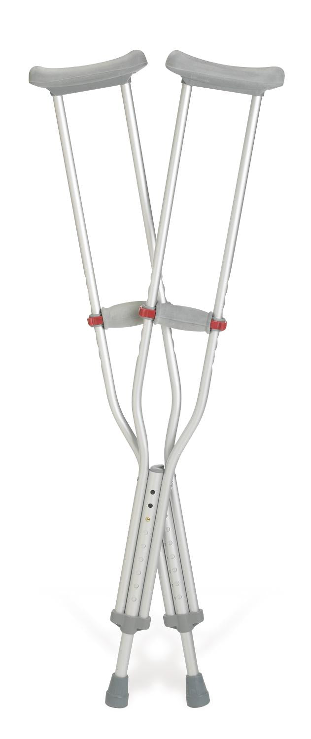 Pair of Red Dot axillary crutches with gray underarm pads, hand grips, red adjustment clips, and rubber tips