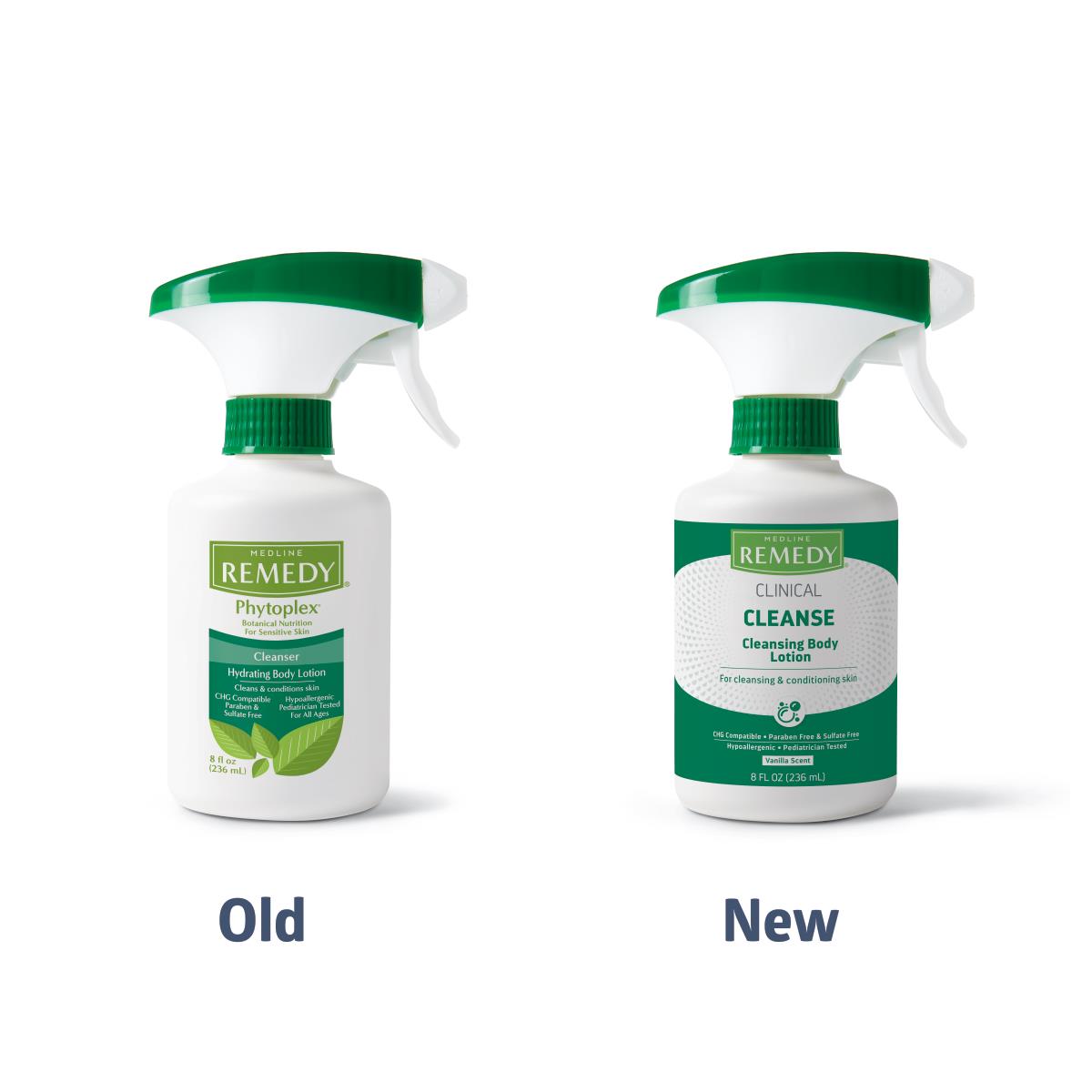 Medline Remedy cleansing body lotion spray bottles showing old Phytoplex and new Clinical Cleanse packaging side by side